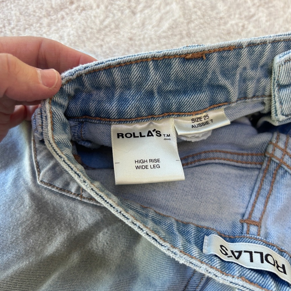 Rollas High Rise Wide Leg Jeans Light Wash Raw Hem Size 25 7 Front Patch Pockets - Picture 9 of 10